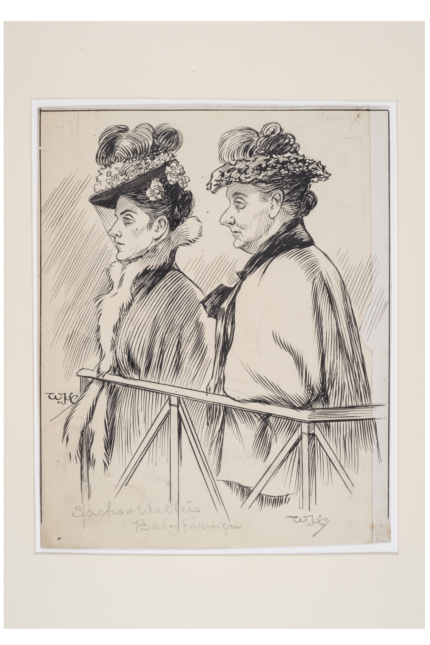 1a3. William Hartley Courtroom illustration of Amelia Sachs and Annie Walters on trial for baby farming, 1903 ∏ Museum of London
