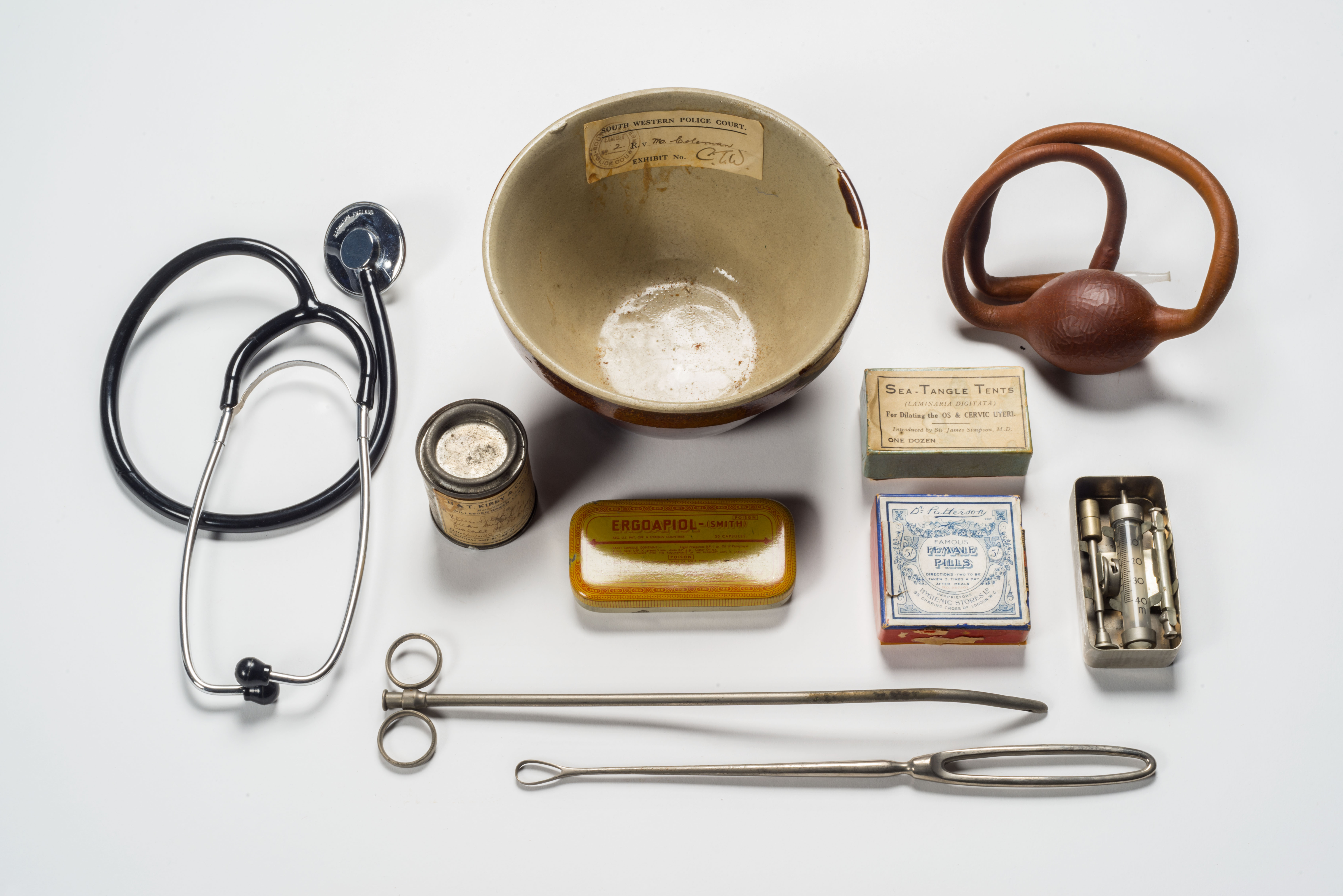 Medical implements and drugs used in administering illegal abortions, seized by Metropolitan Police, 20th century. © Museum of London / object courtesy the Metropolitan Police’s Crime Museum.