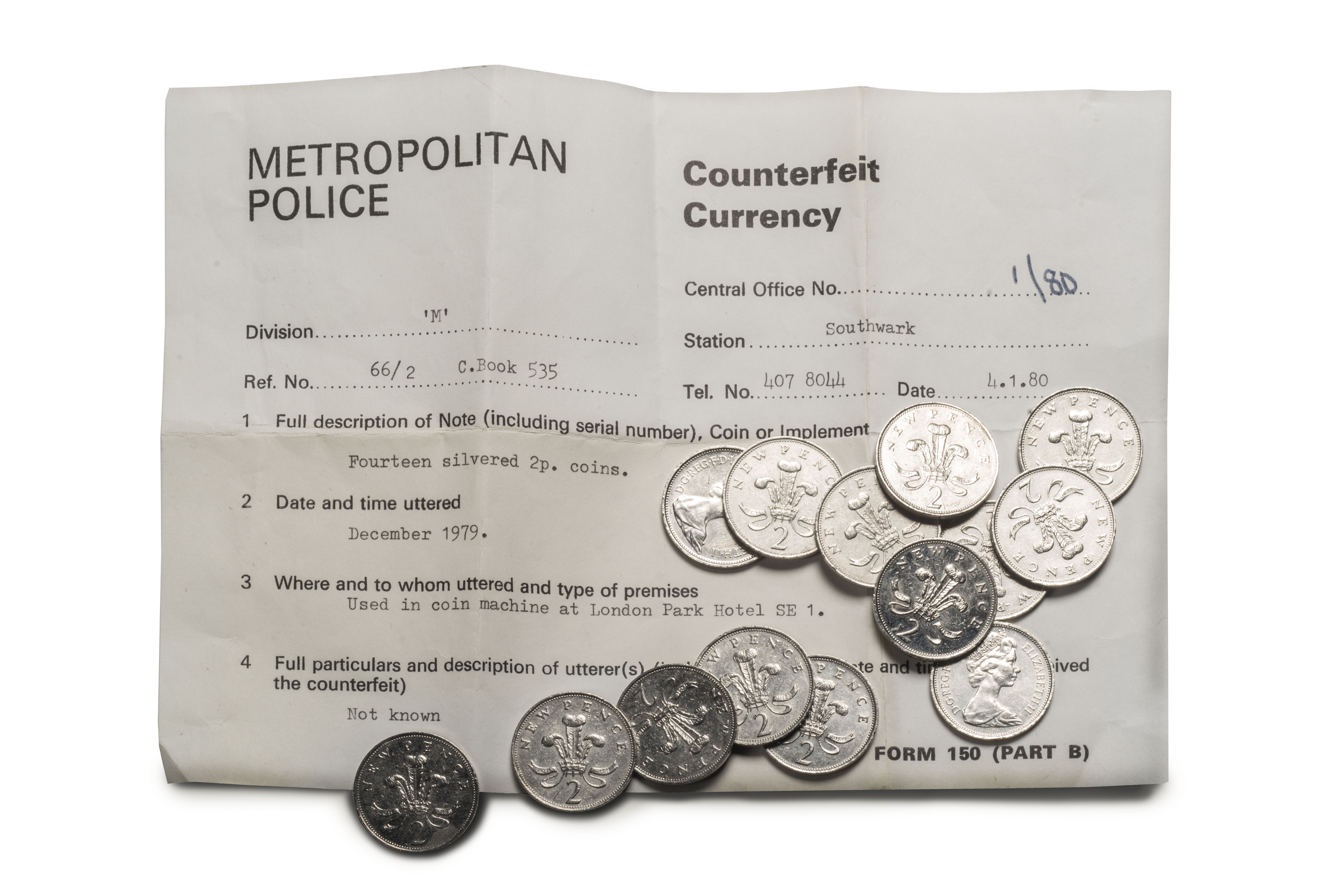 Fourteen counterfeit silvered 2p coins, 1979, recovered by the Metropolitan Police. © Museum of London / object courtesy the Metropolitan Police’s Crime Museum