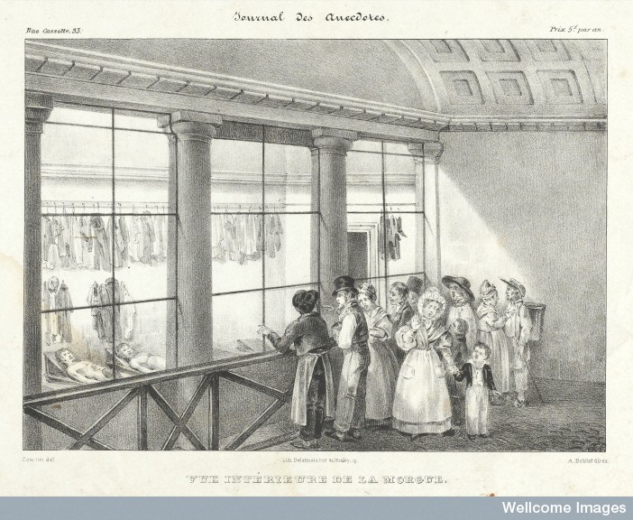 L0042495 People visiting the morgue in Paris to view the cadavers. Credit: Wellcome Library, London. Wellcome Images images@wellcome.ac.uk http://wellcomeimages.org People visiting the morgue in Paris to view the cadavers. A crowd gathers to view the grisly sight of the bodies, including a mother and her young son. 1829? By: Courtrin.after: A. BobletPublished: 1820s Copyrighted work available under Creative Commons Attribution only licence CC BY 4.0 http://creativecommons.org/licenses/by/4.0/