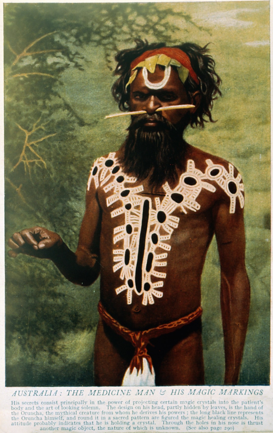 V0015977 Shaman/medicine man, body paint, Australia Credit: Wellcome Library, London. Wellcome Images images@wellcome.ac.uk http://wellcomeimages.org 1. A shaman or medicine man with extensive body painting Worgaia, Central Australia. Process print. 2. A shaman or medicine man with extensive body painting and nose stick, Australia. Colour process print. Published:  -  Copyrighted work available under Creative Commons Attribution only licence CC BY 4.0 http://creativecommons.org/licenses/by/4.0/